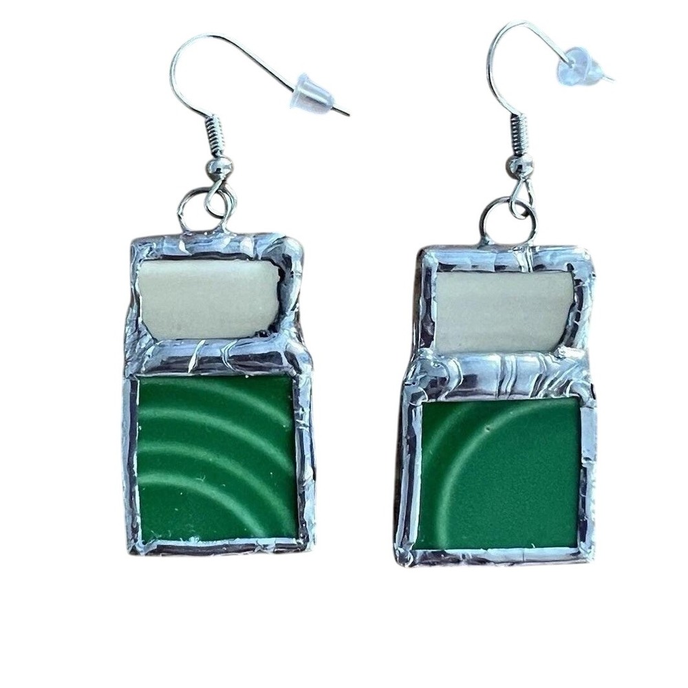 Handmade Stained Glass Drop Earrings Green Cream Geometric Artisan Dangle
